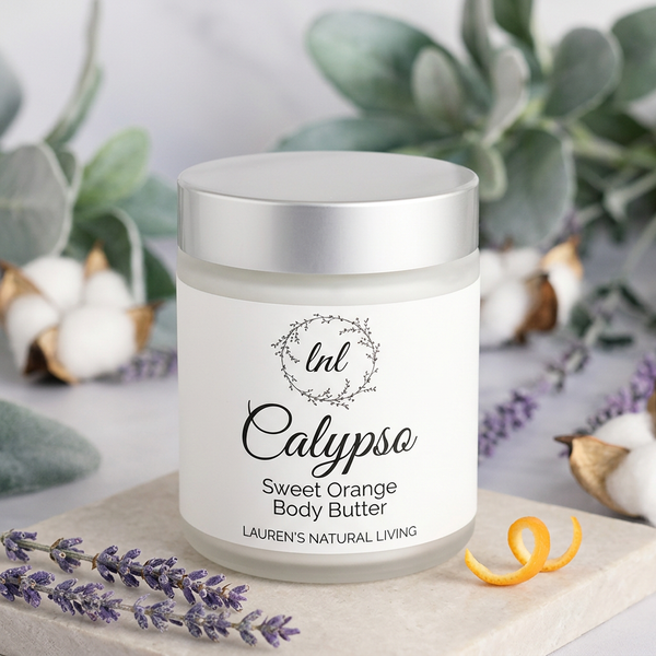Calypso Sweet Orange Body Butter in a frosted jar with silver lid and white botanical wrap label.
